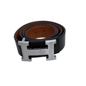 H Belt Men's  Black & Brown Leather Silver Buckle Size 115/46